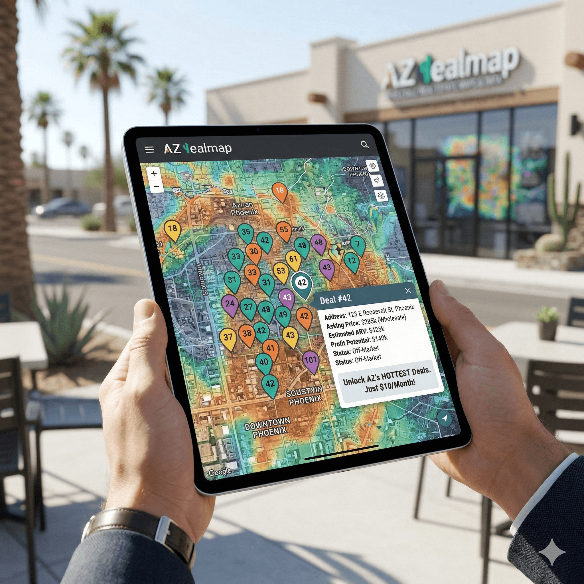 AZ Deal Map storefront showing the investor workflow and map interface